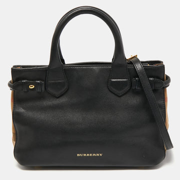 Burberry Black/Beige Leather and House Check Fabric Small Banner Tote