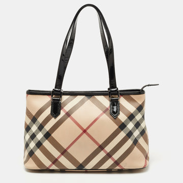 Burberry Black/Beige Nova Check Coated Canvas and Patent Leather Top Zip Tote