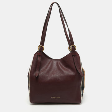 Burberry Burgundy/Beige House Check Canvas and Leather Canterbury Tote