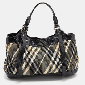 Burberry Black/Grey Beat Check Nylon and Patent Leather Lowry Tote