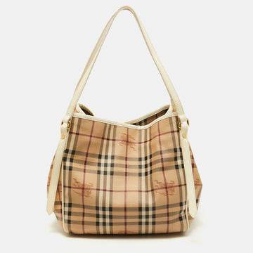 Burberry Beige/White Haymarket Check Coated Canvas and Patent Leather Small Canterbury Tote