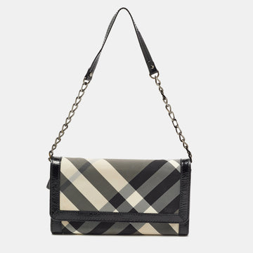 Burberry Black Beat Check Nylon and Patent Leather Flap Wallet on Chain