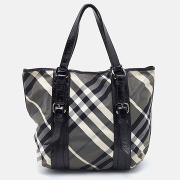 Burberry Black Beat Check Nylon and Patent Leather Lowry Tote