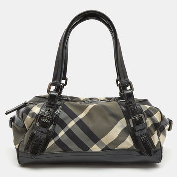 Burberry Black Beat Check Nylon and Patent Leather Buckle Satchel