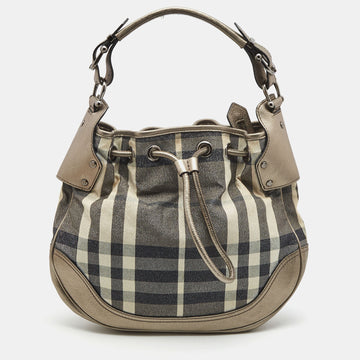 BURBERRY Metallic/Grey Beat Check Canvas and Leather Drawstring Hobo