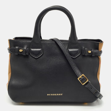 Burberry Black/Beige Leather and House Check Fabric Small Banner Tote