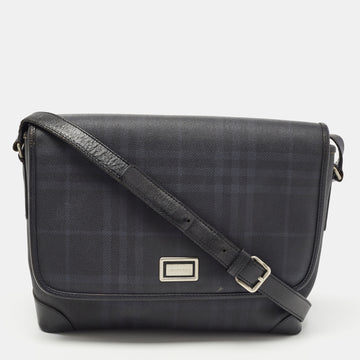 Burberry Black Beat Check Coated Canvas and Leather Flap Shoulder Bag