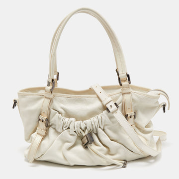 Burberry Off White Leather Drawstring Satchel