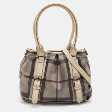 BURBERRY Beige Smoke Check PVC and Leather Northfield Tote