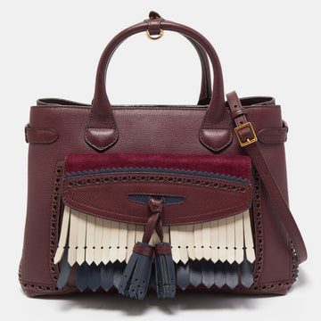 BURBERRY Burgundy Brogue Leather and Suede Medium Tassel Banner Tote