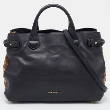 BURBERRY Black/Beige Leather and House Check Canvas Medium Banner Tote