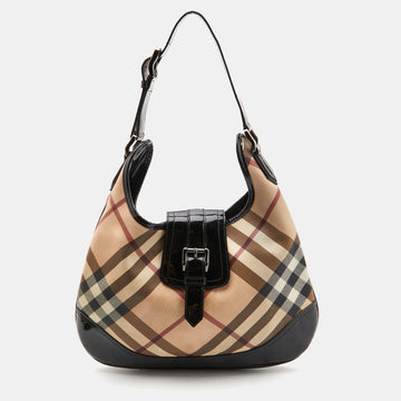 BURBERRY Black/Beige Nova Check PVC and Patent Leather Large Brooke Hobo