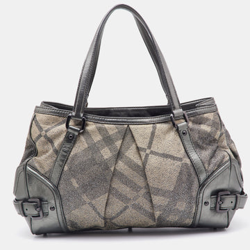 BURBERRY Metallic Grey Shimmer Nova Check Canvas and Leather Pilgrim Tote