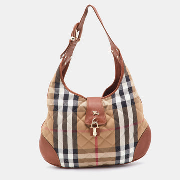 BURBERRY Beige/Tan House Check Canvas and Leather Brooke Hobo