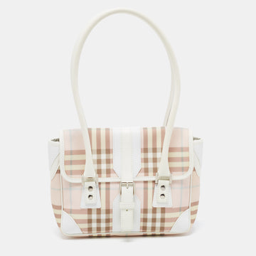 BURBERRY Pink/White House Check PVC and Leather Buckle Flap Satchel