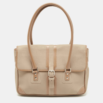 BURBERRY Beige/Brown Leather Buckle Flap Satchel