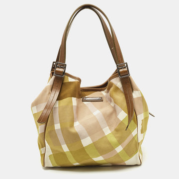 BURBERRY Green/White Check Canvas And Leather Tote