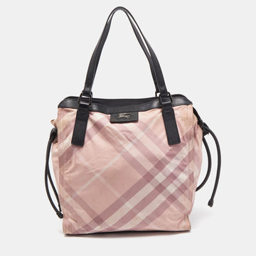 BURBERRY Pink/Black Check Nylon and Leather Buckleigh Tote