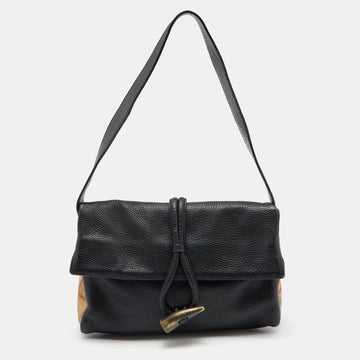 BURBERRY Black/Beige Leather and Haymarket Horn Toggle Bag