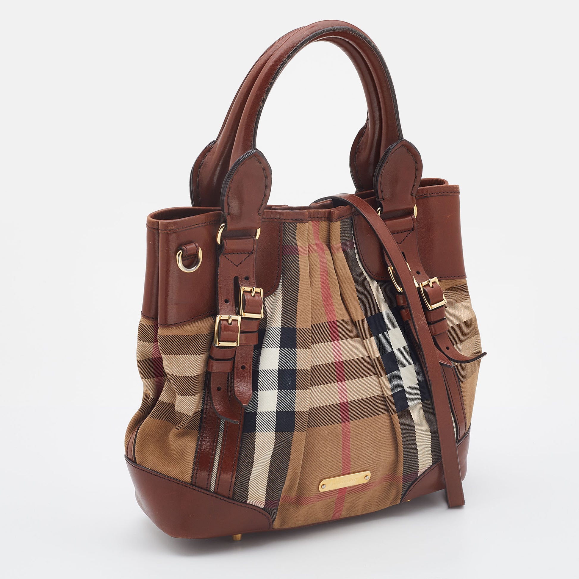 Burberry Large Bridle House Check Whipstitch Tote Bag in Brown