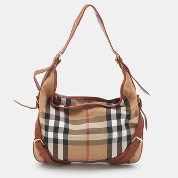 BURBERRY Beige/Brown House Check Canvas and Leather Hobo