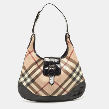 BURBERRY Black/Beige Nova Check PVC And Patent Leather Brooke Hobo