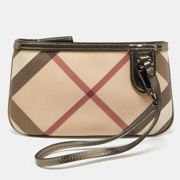 BURBERRY Beige Nova Check Coated Canvas and Patent Leather Zip Wristlet Clutch