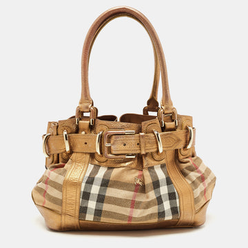 BURBERRY Gold/Beige House Check Canvas and Leather Large Beaton Tote