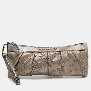 BURBERRY Metallic Perforated Floral Leather Wristlet Pouch