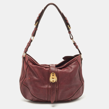 BURBERRY Burgundy Textured Leather Bartow Hobo