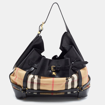 BURBERRY Black/Beige House Check Canvas and Leather Bridle Hobo