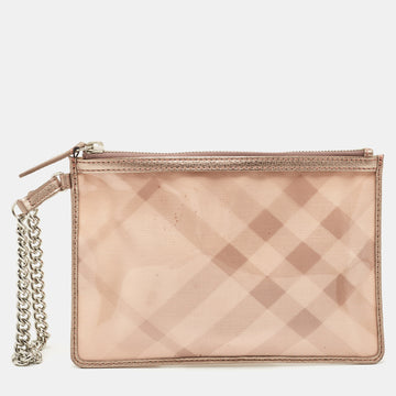 BURBERRY Metallic Beige/Cleart PVC and Leather Trim Wristlet Pouch