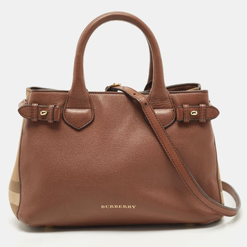 BURBERRY Brown/Beige House Check Fabric and Leather Small Banner Tote