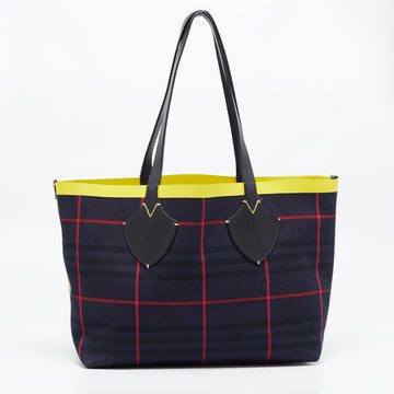 BURBERRY Dark Blue/Red Check Canvas Medium Reversible Giant Tote