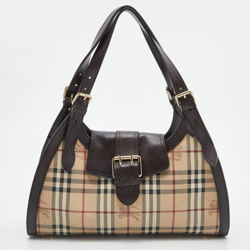 BURBERRY Beige/Brown Haymarket Check Coated Canvas and Leather Tassel Shoulder Bag