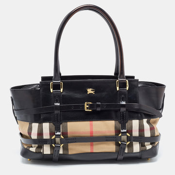 BURBERRY Black/Beige House Check Canvas and Leather Bridle Tote