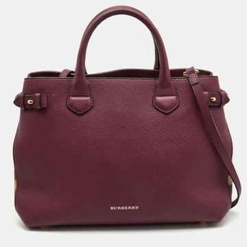 BURBERRY Burgundy Leather and House Check Canvas Medium Banner Tote