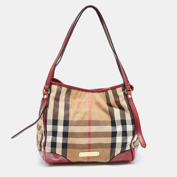 BURBERRY Dark Red/Beige House Check Canvas and Leather Small Canterbury Tote