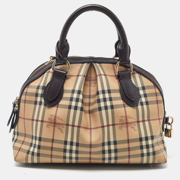 BURBERRY Beige/Brown Haymarket Check PVC and Leather Thornley Satchel