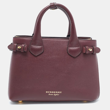 BURBERRY Burgundy/Beige Leather and House Check Fabric Small Banner Tote