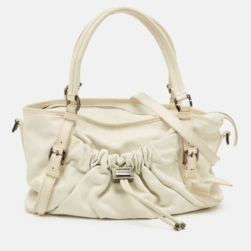 BURBERRY Off White Leather Drawstring Tote