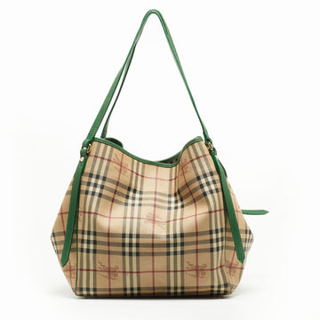 BURBERRY Beige/Green Haymarket Check PVC and Leather Large Canterbury Tote