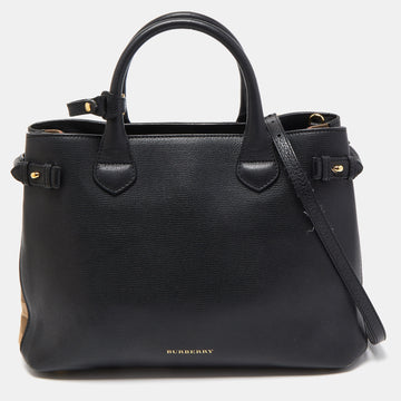 BURBERRY Black Leather and House Check Canvas Banner Tote