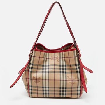 BURBERRY Beige/Red Haymarket Check PVC and Patent Leather Small Canterbury Tote