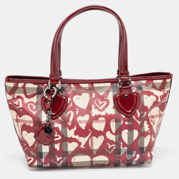 BURBERRY Burgundy Nova Heart Check Coated Canvas and Patent Leather Gracie Tote