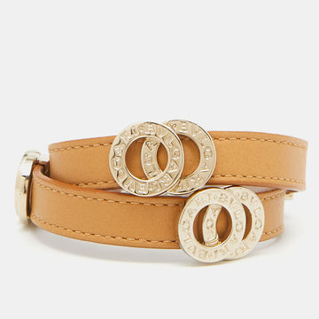 Bvlgari Tan Leather Gold Tone Double Coiled Wrap Bracelet