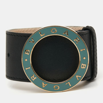 Bvlgari Pale Gold Tone Wrap Black Leather Bracelet