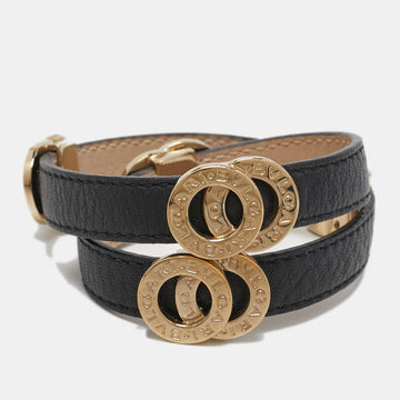 Bvlgari Black Leather Double-Coiled Gold Tone Wrap Bracelet