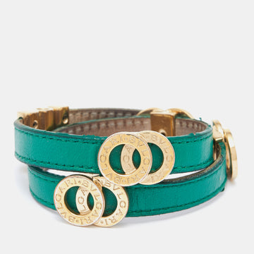 Bvlgari Green Leather Gold Tone Double Wrap Bracelet