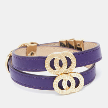 Bvlgari Purple Leather Gold Tone Double Wrap Bracelet
